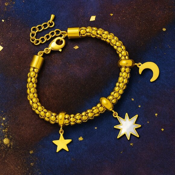 🆕️ Celestial 18K Gold Plated Charm Bracelet with Moon & Star  Pendants 🌙✨ - Picture 5 of 9